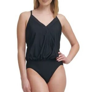 Calvin Klein Black Crossover Blouson Wrap One-Piece Swimsuit